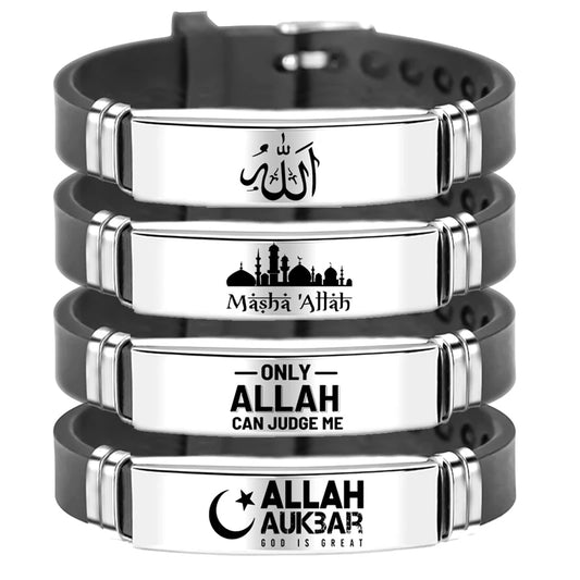 MUSLIM ISLAM ALLAH BRACELET BANGLE STAINLESS STEEL ARABIC SHAHADA SILICONE BRACELETS